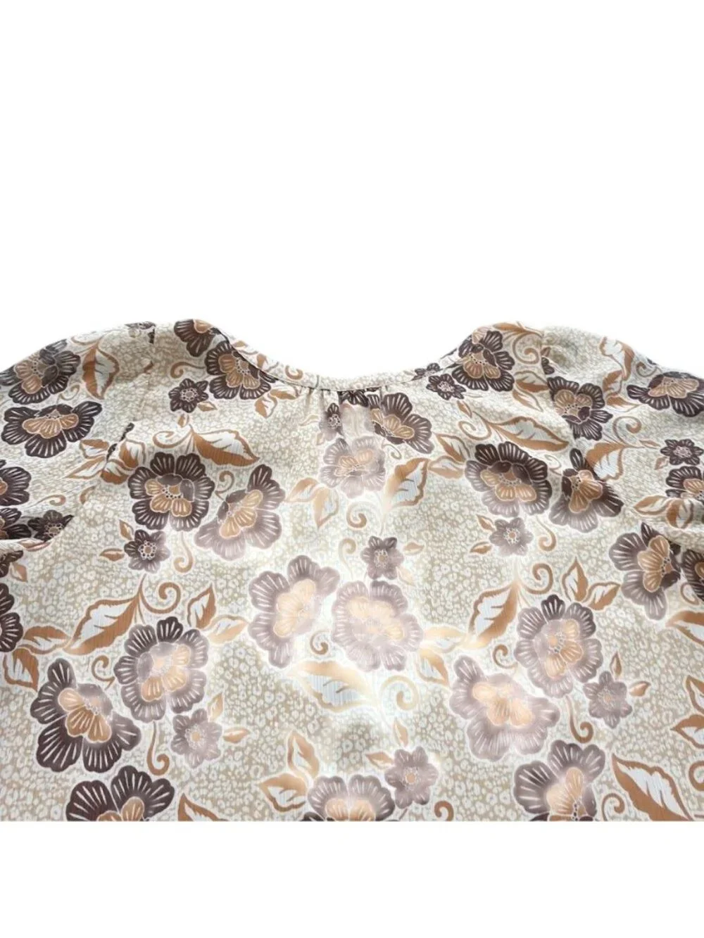 Loft Womens Floral Puff Sleeve Blouse Beige Brown Medium Lightweight V Neckline